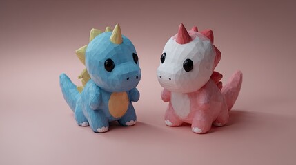 Two adorable, stylized dinosaur figurines on a light pink background.