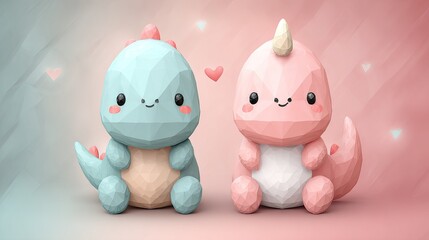 Two adorable, polygonal dinosaurs in pastel colors.