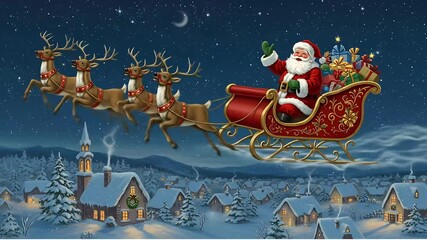 Santa Claus sleigh flying over a snowy village at night - Powered by Adobe