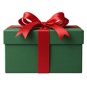 Green gift box adorned with a vibrant red ribbon, perfect for Christmas, birthday parties, or holiday celebrations; isolated on a white or transparent background, side view