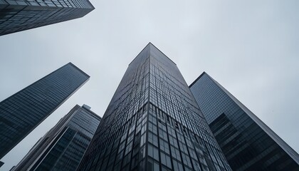 Modern skyscrapers reaching towards a cloudy sky