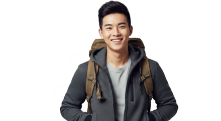 Smiling young asian man wearing a backpack and jacket isolated on transparent background