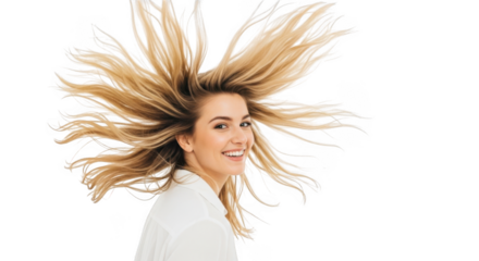 Young woman with blonde hair exploding outwards in a dynamic pose isolated on transparent background