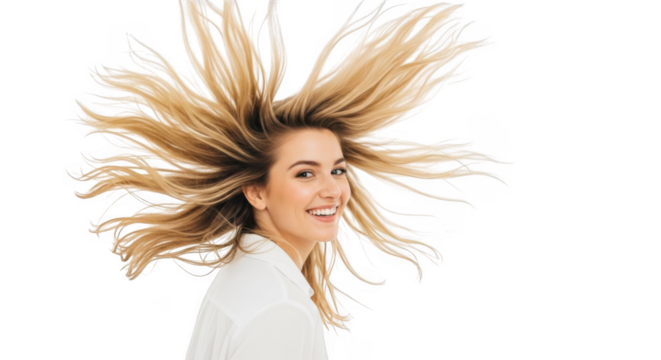 Young woman with blonde hair exploding outwards in a dynamic pose isolated on transparent background