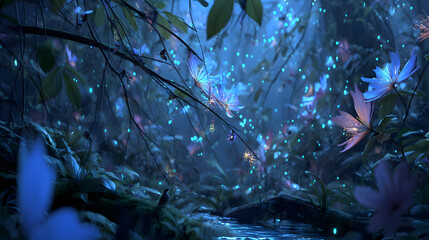 Cinematic journey through a glowing bioluminescent jungle with luminous flowers, fireflies, butterflies, and surreal atmosphere