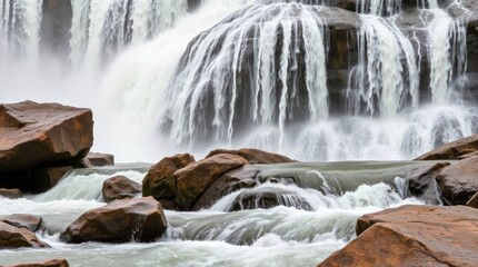 Fototapeta premium Waterfall cascading over rocks creating a powerful and scenic display of natures force and beauty