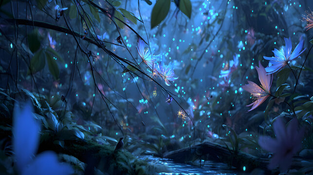 Cinematic journey through a glowing bioluminescent jungle with luminous flowers, fireflies, butterflies, and surreal atmosphere