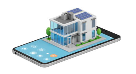 Futuristic smart home concept. Detailed multi-story house emerging from a smartphone. 