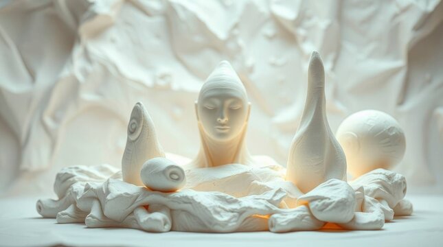 White sculpture featuring a central figures bust various abstract shapes and crumpled fabric against a textured backdrop