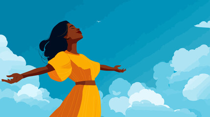 Beautiful Woman Open Arms Enjoying Freedom and Serenity Against Sky