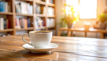 Steam rising from a coffee cup on a wooden table in a cozy room.