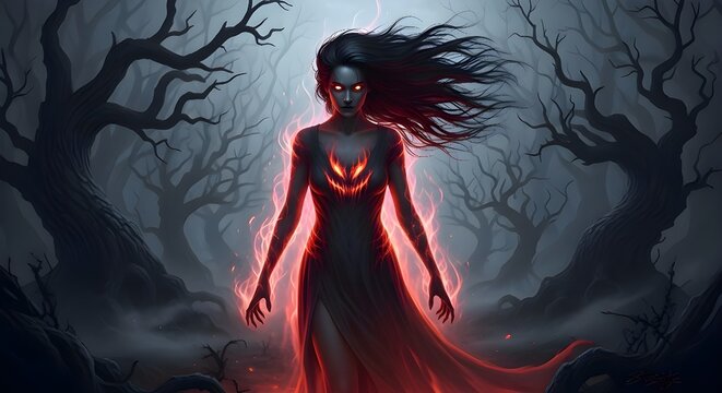 Mysterious woman in black dress with glowing eyes in dark spooky forest