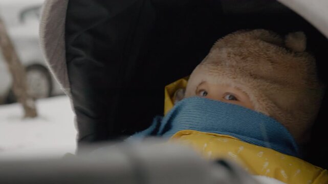 Little boy bundled up in stroller enjoying winter snow outdoors