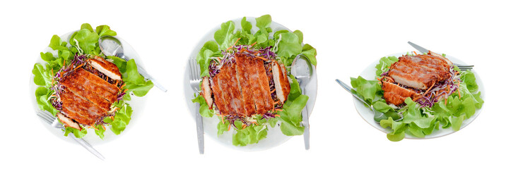 Grilled Chicken and Greens: A trio of appetizing plates showcases grilled chicken, exquisitely browned, artfully arranged atop vibrant green lettuce, creating a symphony of textures and tastes.