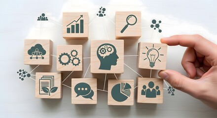 Business strategy solution concept with wooden blocks representing ideas and problem solving skills