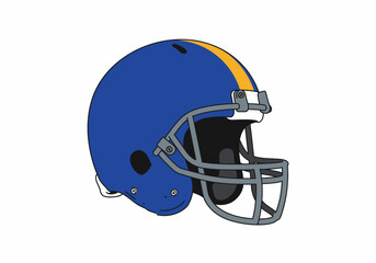 Blue and yellow football helmet vector illustration, a classic sports headgear icon isolated on a white background for graphic design.