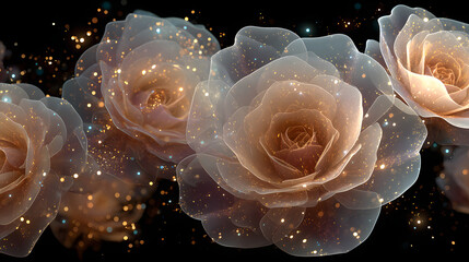 Dark cream roses with sparkling particles on a black background in high resolution fantasy digital art illustration style
