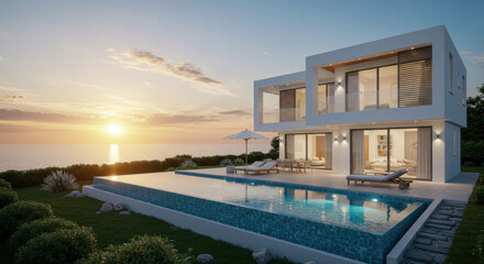 Modern villa ocean view sunset