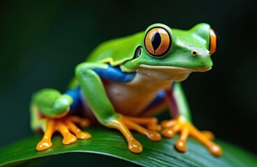 Vibrant green frog with bright yellow toes rests on large, glossy green leaf. Macro shot captures amphibian detailed skin texture, large orange eyes, blue, yellow markings. Frog inhabits rainforest