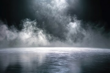 Fototapeta premium Misty smoke swirls ascending from a bare stage floor in gray and white, ideal for enriching theatrical presentations, performance art, and imaginative design projects