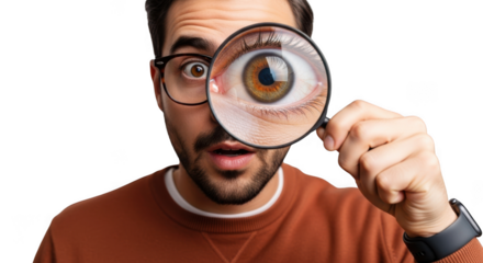Man with magnifying glass revealing his eye in close up detail isolated on transparent background