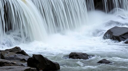 Fototapeta premium A cascading waterfall roars over rocks water churning below in a dynamic scene