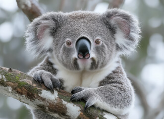 Fototapeta premium Close-Up Portrait of Koala with Eucalyptus Tree in Natural Habitat, Fluffy Ears and Soft Grey Fur Highlighted