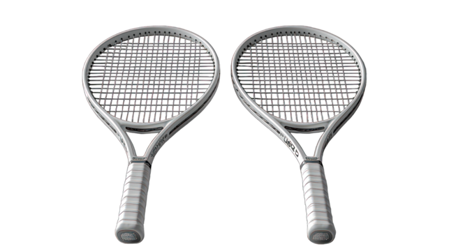 Two identical silver tennis rackets facing forward against a black background