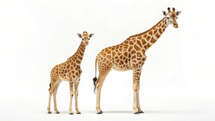 Naklejka premium Giraffe and Calf Posing Together Isolated on White Background