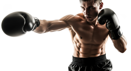 Muscular boxer delivering a powerful punch with boxing gloves isolated on transparent background