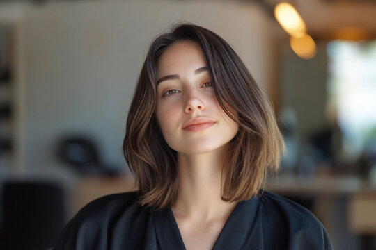 Generative AI image of stylish woman in beauty salon during haircut session showing trendy hairdo transformation and modern hair styling