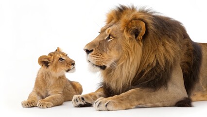 Obraz premium Majestic Male Lion and Cub Together isolated on White Background