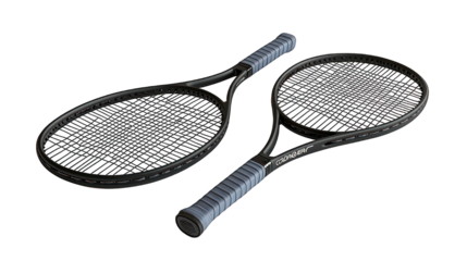 Two tennis rackets angled on dark background, grips wrapped, strings taut