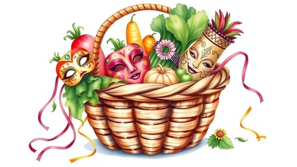 A colorful wicker basket with fresh vegetables and ripe fruits is a healthy spring gift