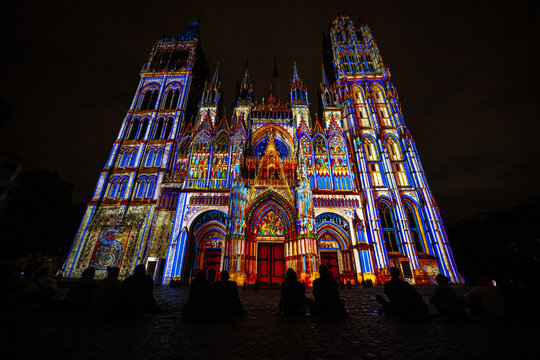 Light show at night on the Cath&eacute;drale Notre-Dame de Rouen in Normandy France