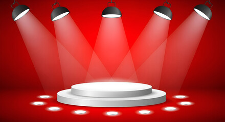 Podium stage with spot lights background - empty stage with spotlights and podium, ready for a performance or award ceremony