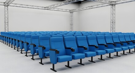 Fototapeta premium A large auditorium with rows of blue chairs facing the front of the room