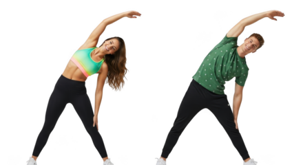 Young man and woman stretching their bodies in a side bend isolated on transparent background