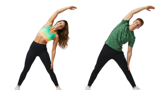 Young man and woman stretching their bodies in a side bend isolated on transparent background