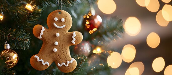 Fototapeta premium Gingerbread man Christmas ornament hanging from a Christmas tree