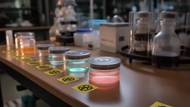 A table with five different colored jars, each with a yellow sticker. Laboratory countertop with multiple sealed pathogen samples and glowing biohazard stickers, biosecurity