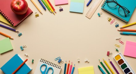 Naklejka premium Colorful and Organized Stationery Arrangement for Creative Learning and Productivity Boost