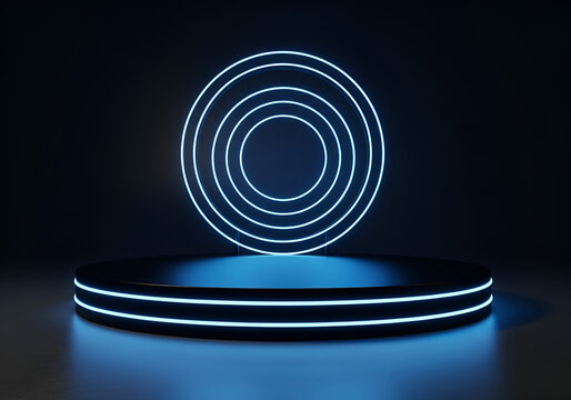 Podium stage with spot lights background - futuristic glowing neon blue concentric circles on a dark stage with a reflective surface