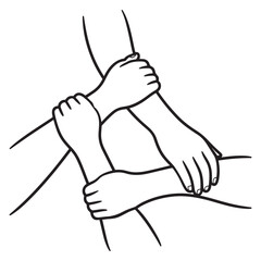 Teamwork and unity concept with four hands clasped together