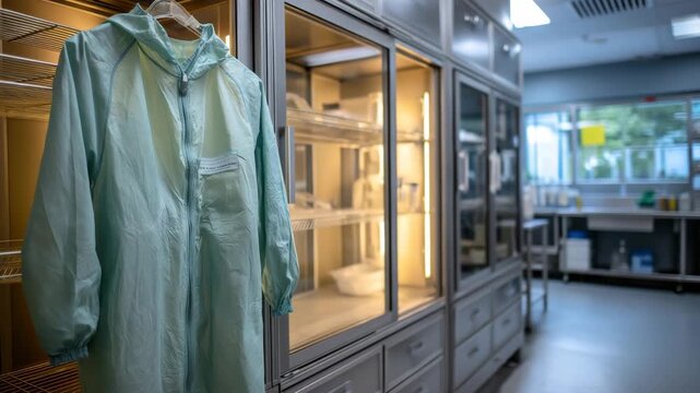 A green lab coat is hanging in a lab. The lab is very clean and organized. There are many drawers. PPE suit hanging beside locked biosecurity cabinet, closeup sterile lab