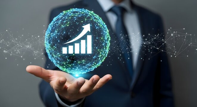 Businessman holding digital growth chart globe for business success and investment strategy