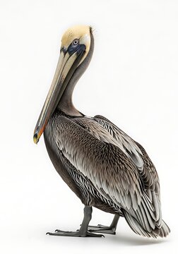 Majestic Brown Pelican Bird Isolated on White Studio Background.