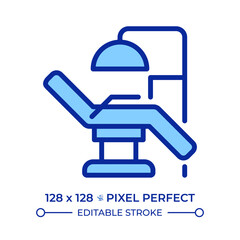 Dental chair pixel perfect line color icon. Clinic equipment, dentistry. Patient comfort. Healthcare, treatment. Isolated vector illustration. Flat colorful symbol design. Editable stroke