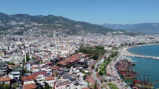 Aerial Drone View of Alanya City and Harbor, Turkey