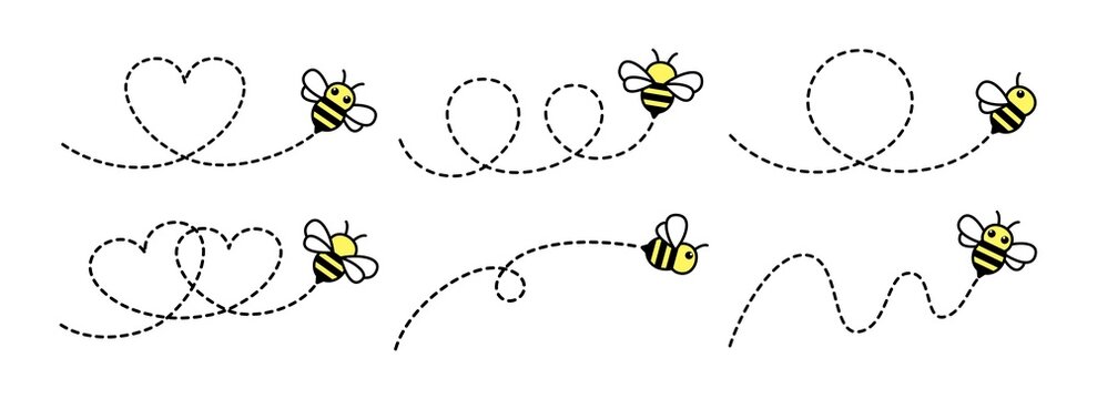 Collection of cut illustrations of flying bees. Cute bee characters. Simple dotted lines and bee illustrations.